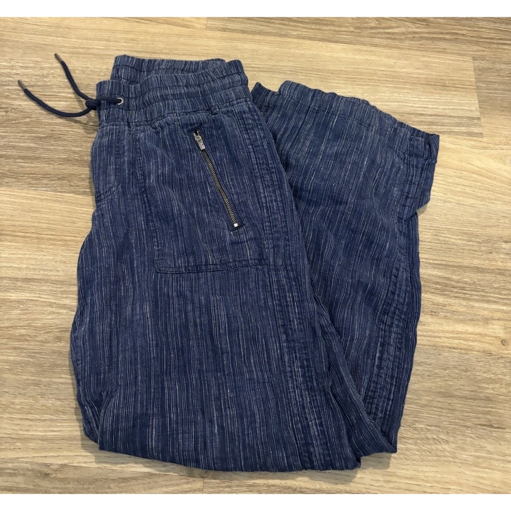 Athleta Womens 4 Blue Drawstring Cabo Linen Textured Wide Leg Pants Mid Rise